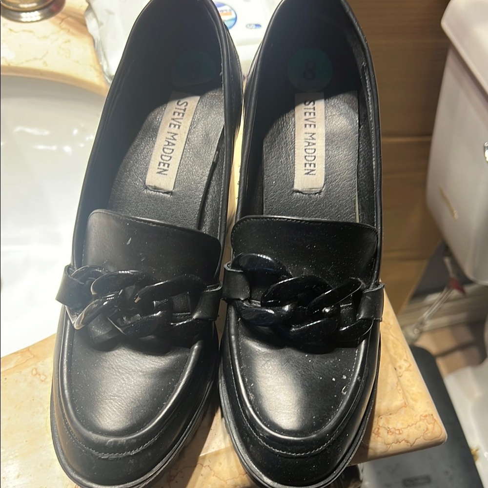 Steve Madden Black Patent Loafers with Chain Accent
